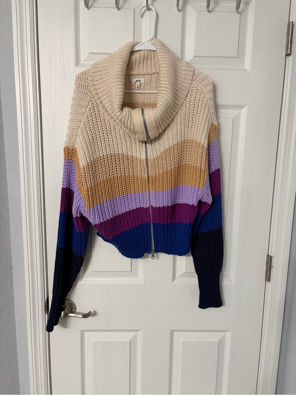 aerie Striped Cowl Zip Sweater in Cream, Gold, Lavender, Plum, Blue and Navy